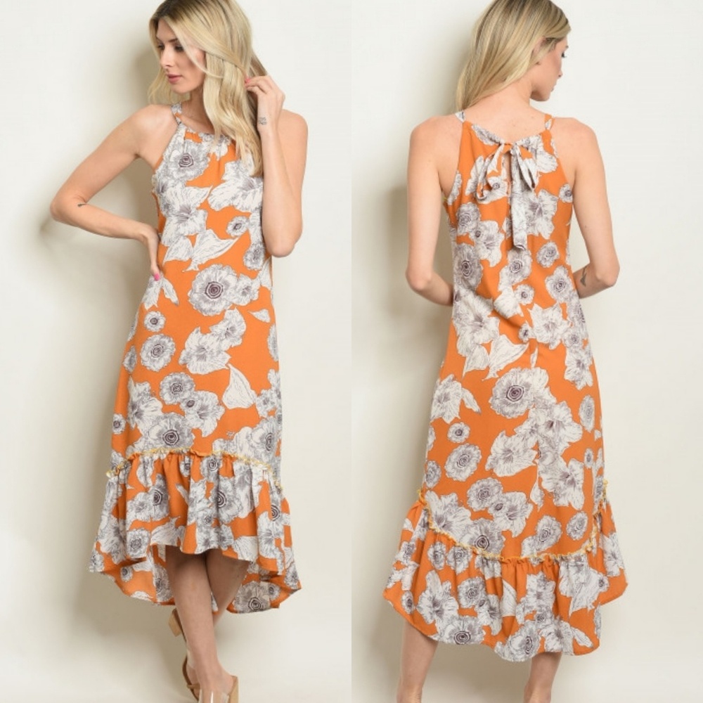LAST Size 4/6 mustard floral ruffle hem midi dress